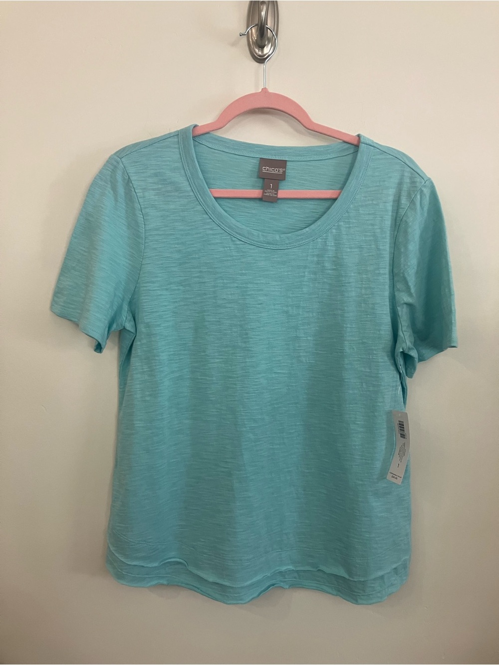 Chico's Aqua Short Sleeve Tiered Raw Edge Scoop Neck Top